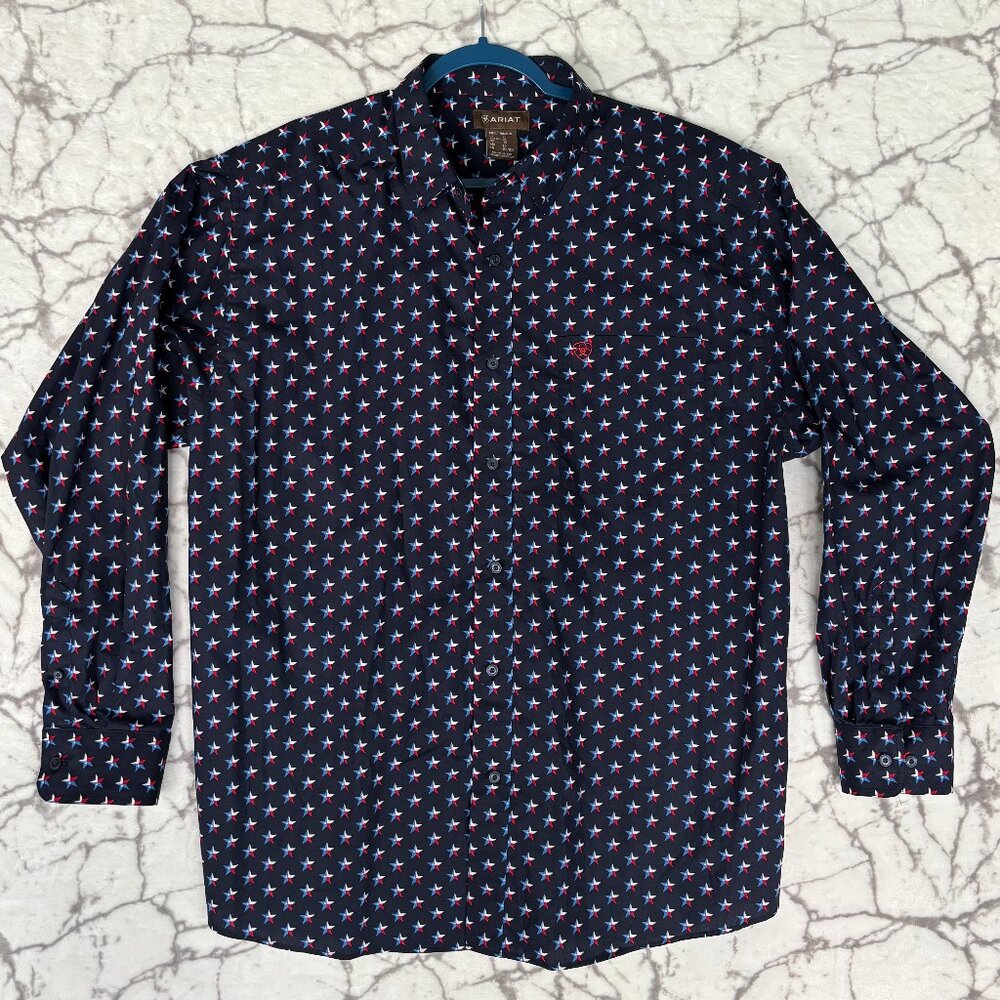 ARIAT Western Shirt Men's XL Navy Blue Texas Flag Stars Long Sleeved Button Up